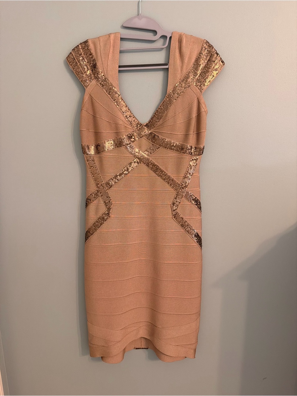 Herve Leger Tan/metallic Bandage Sequin-Trim V-Neck Mini Dress